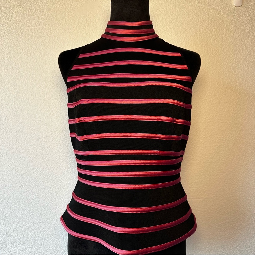 JS Collections Black and Pink Satin Trim High Neck Sleeveless Top Size 10